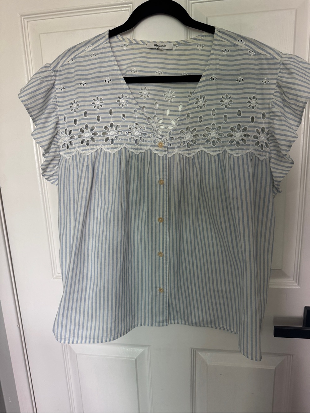 Madewell Light Blue & White Striped Eyelet Yoke Button-Front Top